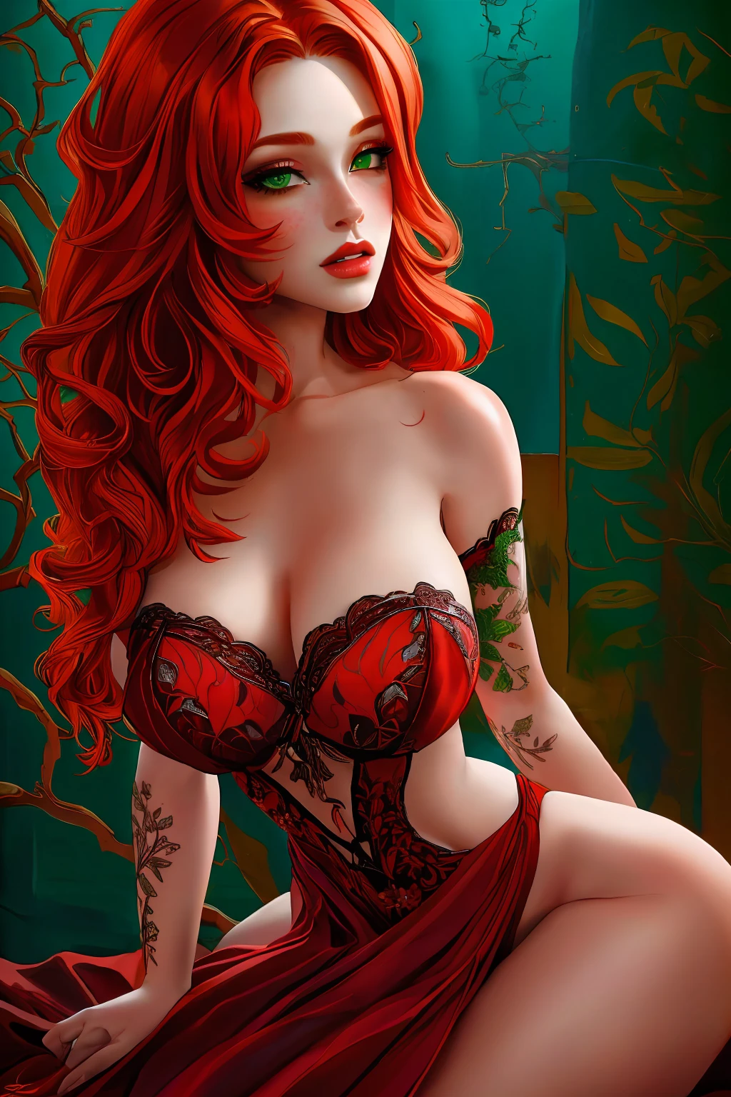 a woman with long crimson hair, intricate Green lingerie, beautiful detailed eyes, beautiful detailed lips, extremely detailed face, longeyelashes, elegant pose, graceful movement, breathtaking, detailed and realistic, oil painting, dramatic lighting, warm color palette, cinematic composition, masterpiece, 8k, high quality, poison ivy 