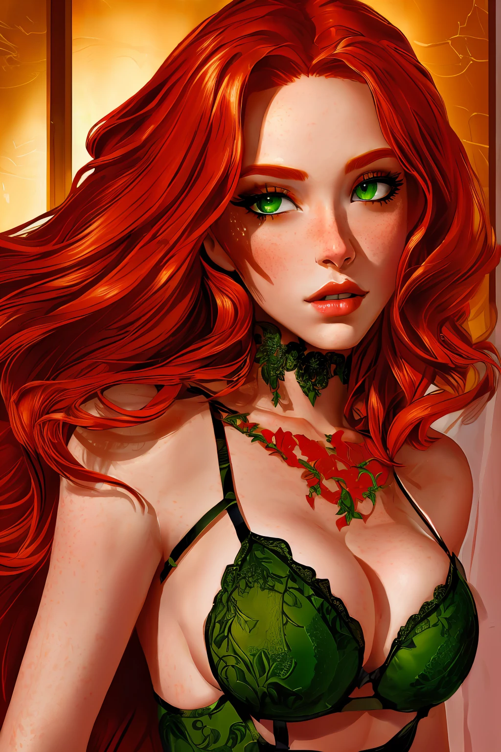 a woman with long crimson hair, intricate Green lingerie, beautiful detailed eyes, beautiful detailed lips, extremely detailed face, longeyelashes, elegant pose, graceful movement, breathtaking, detailed and realistic, oil painting, dramatic lighting, warm color palette, cinematic composition, masterpiece, 8k, high quality, poison ivy 