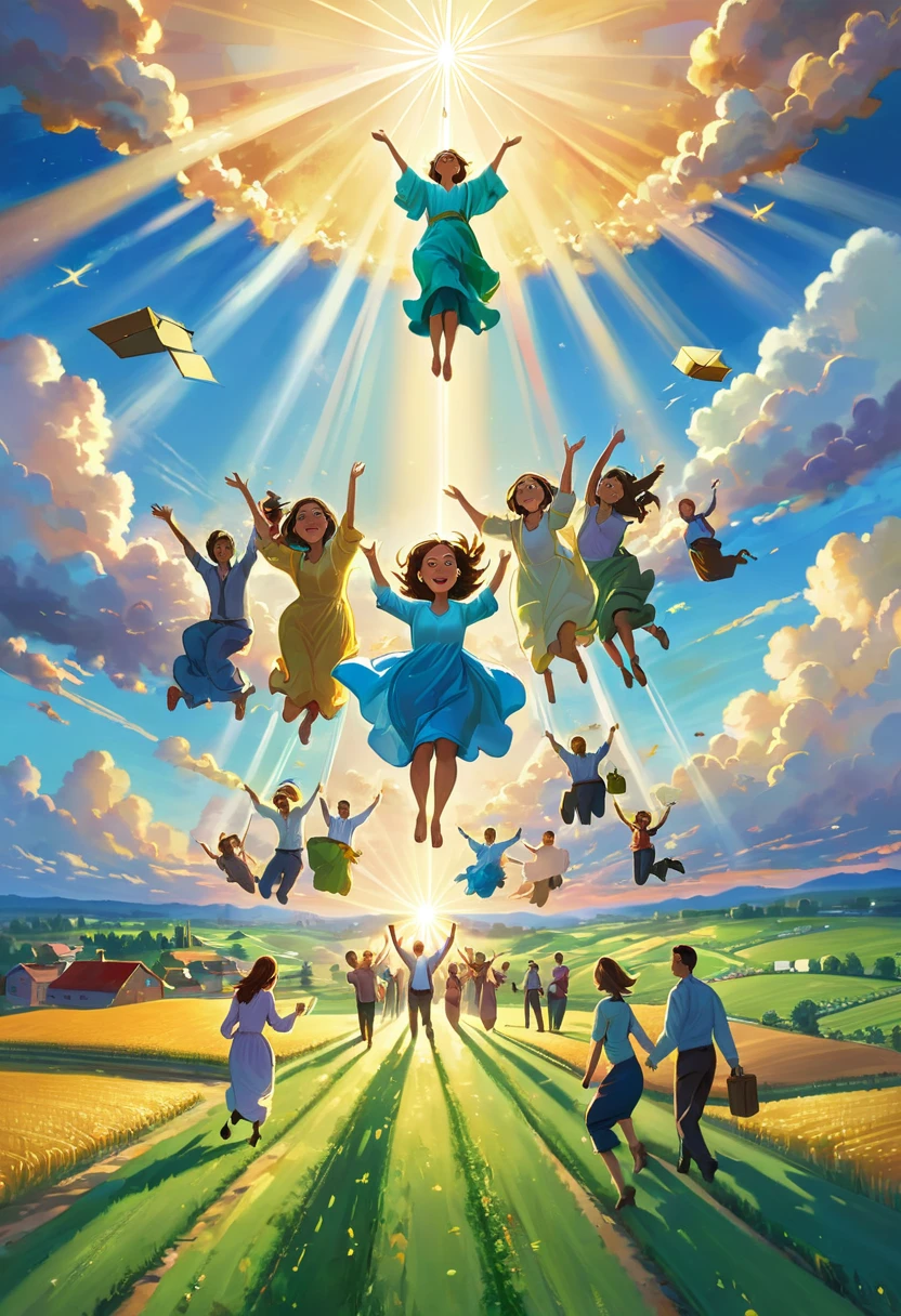 "Blue sky with glowing clouds, rays of light descending from the sky, people floating upwards towards the divine light."
"city at dusk, with people being carried away by rays of golden light, leaving clothes and belongings on the floor."
"Rural landscape with green fields, several people ascending to the heavens in rays of celestial light, expression of peace and happiness on their faces."