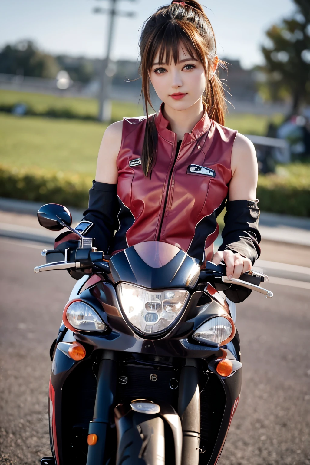 Japan  riding motorcycle,Happy!!!, , motorcycle,[ Realistic pictures ]!!, High resolution,Sleeveless、白いパンティが見えているarafed woman in red shirt sitting on a black motorcycle, Cyclists, motorcycle, Realistic artstyle, Super detailed. Digital Painting, Sitting on a cyberpunk bike, Digital illustration style, Airbrush Rendering, Realistic!!!!!!! Art Style, motorcycles, style Digital Painting, Airbrush Digital Oil Painting, in style of Digital Painting, Close-up shot, Realistic picture