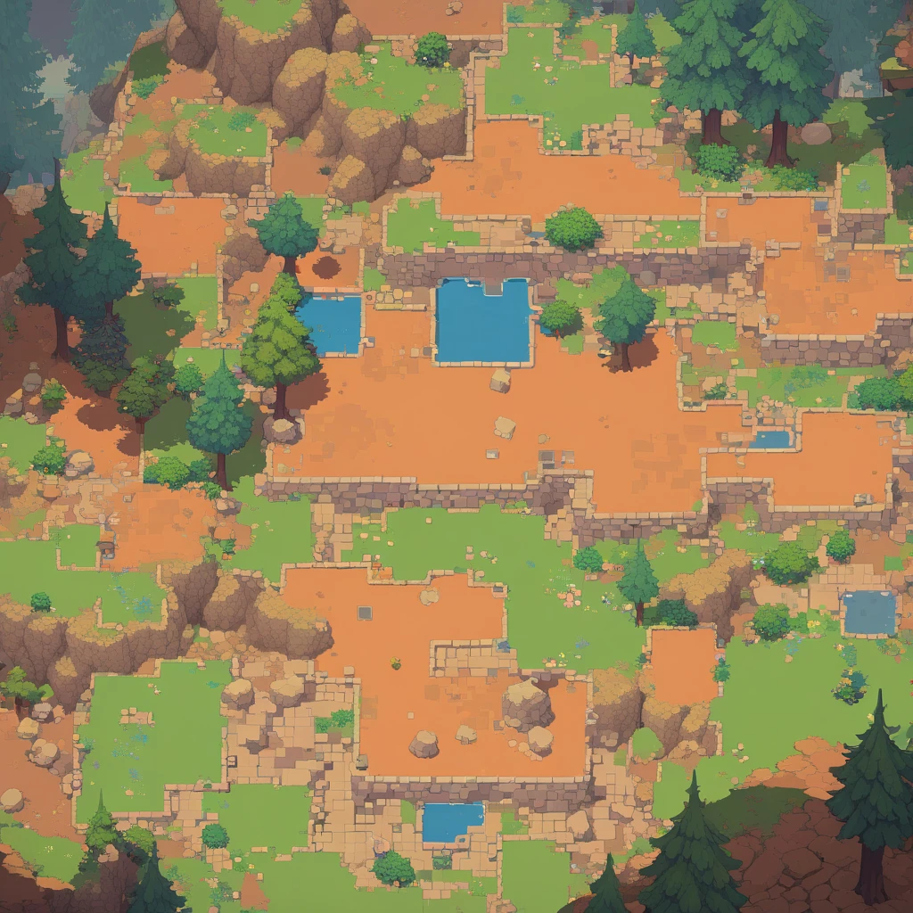 retro video game style,pixelated, vibrant pastel colors,8-bit characters,blocky shapes,sharp lines,detailed shading,classic gaming vibe,nostalgic atmosphere,classic arcade games,masterpiece:1.2,ultra-detailed,illustration style, 2d texture, clay texture, stone texture, 4 k seamless mud texture, video game texture, dirt texture, tileset, game tiles, clay material, flat texture, grass, trees, rock texture, rocky ground, forest, topdown view, game texture, game art, ground very detailed, dirt, floor texture, tileable texture, flowers, bushes, shrubs, intricate ground stone, top down view, 3/4th perspective