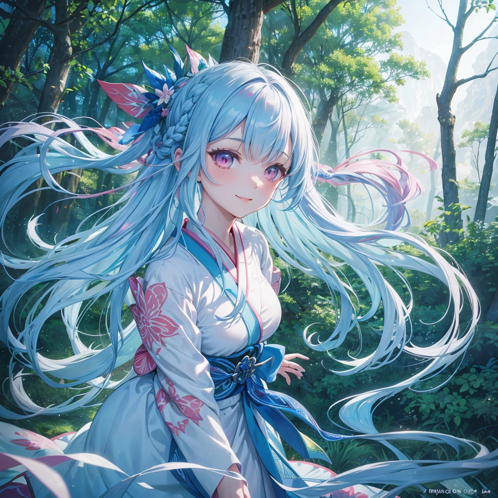 sky Blue hair, (braided ponytail),(pink eyes),fair skin ,(full body),1 girl,smile,white red kimono,Fresh green forest,Forest Goddess,Straight Bangs,(masterpiece, best quality, ultra-detailed, best shadow), (detailed background), (beautiful detailed face), high contrast, (best illumination, an extremely delicate and beautiful), ((cinematic light)), colorful, hyper detail, dramatic light, intricate details,guardian of the forest,Leaf Blizzard,
