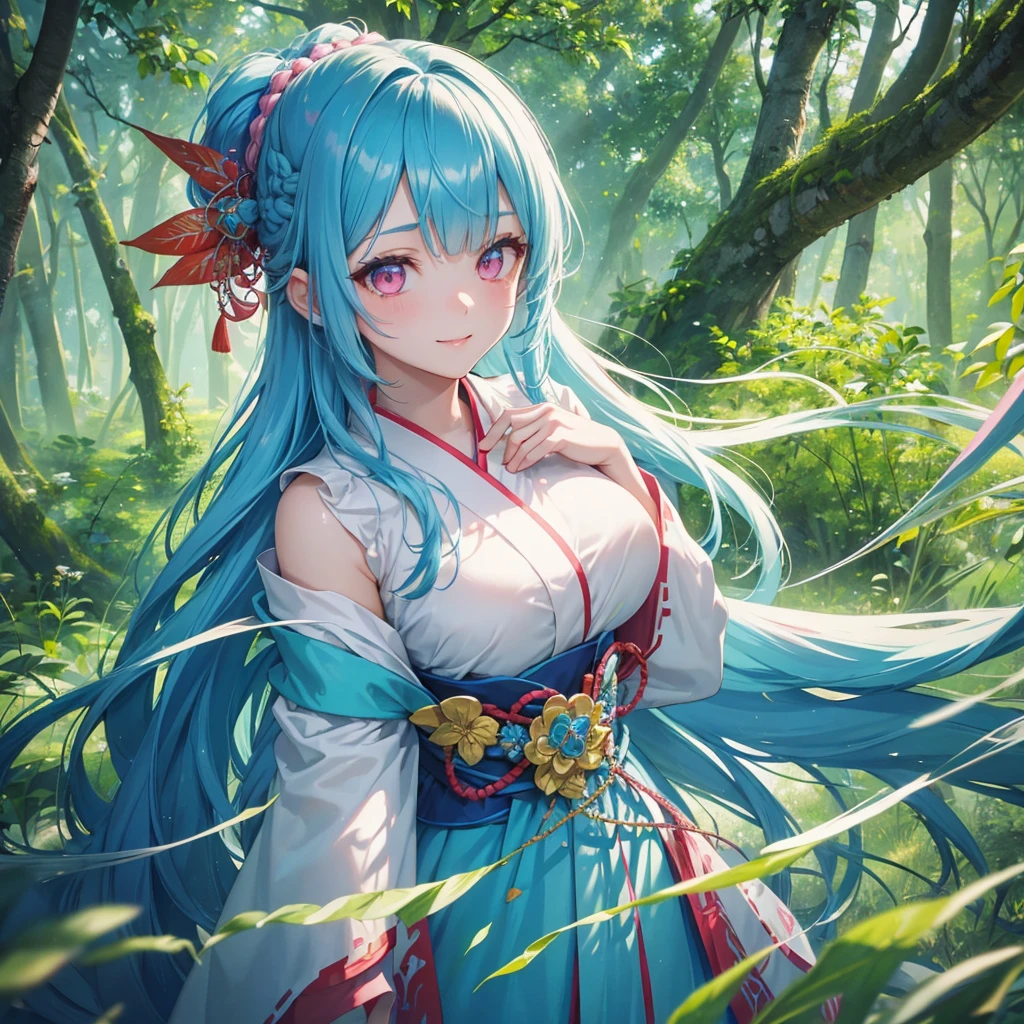 sky Blue hair, (braided ponytail),(pink eyes),fair skin ,(full body),1 girl,smile,white red kimono,Fresh green forest,Forest Goddess,Straight Bangs,(masterpiece, best quality, ultra-detailed, best shadow), (detailed background), (beautiful detailed face), high contrast, (best illumination, an extremely delicate and beautiful), ((cinematic light)), colorful, hyper detail, dramatic light, intricate details,guardian of the forest,Leaf Blizzard,