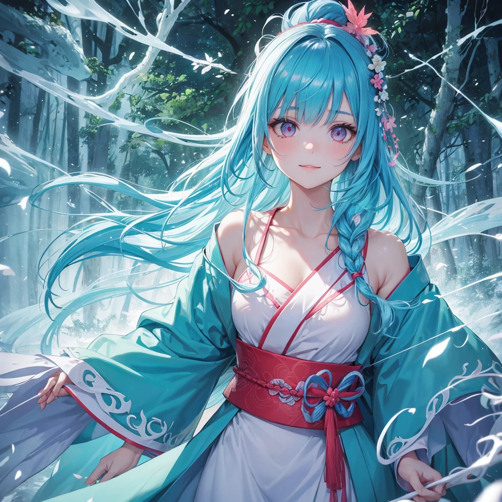 sky Blue hair, (braided ponytail),(pink eyes),fair skin ,(full body),1 girl,smile,white red kimono,Fresh green forest,Forest Goddess,Straight Bangs,(masterpiece, best quality, ultra-detailed, best shadow), (detailed background), (beautiful detailed face), high contrast, (best illumination, an extremely delicate and beautiful), ((cinematic light)), colorful, hyper detail, dramatic light, intricate details,guardian of the forest,Leaf Blizzard,