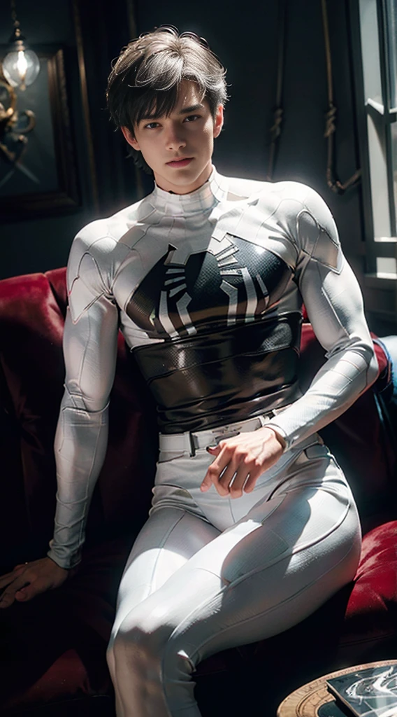 (Extreme Detail CG Unity 8K wallpaper, masterpiece, highest quality), (Exquisite lighting and shadow, highly dramatic picture, Cinematic lens effect), a young man in a white Spider-Man costume, wide hips,silver gray hair color, from the Spider-Man parallel universe, Wenger, Marvel, Spider-Man, sitting on the couch, dynamic pose), (excellent detail, excellent lighting, wide angle), (excellent rendering, enough to stand out in its class), focus on white Spider-Man costumes, complex spider textures
