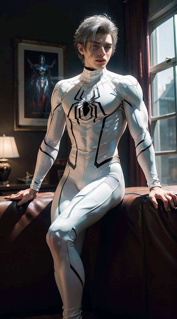 (Extreme Detail CG Unity 8K wallpaper, masterpiece, highest quality), (Exquisite lighting and shadow, highly dramatic picture, Cinematic lens effect), a young man in a white Spider-Man costume, wide hips,silver gray hair color, from the Spider-Man parallel universe, Wenger, Marvel, Spider-Man, sitting on the couch, dynamic pose), (excellent detail, excellent lighting, wide angle), (excellent rendering, enough to stand out in its class), focus on white Spider-Man costumes, complex spider textures