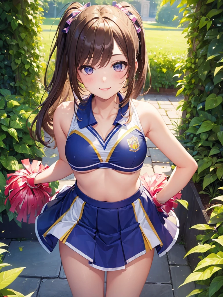 (masterpiece:1.5),(Beat quality),(high res),1girl solo,beautiful face,smile(shining eyes),light effects,Cheerleader,garden