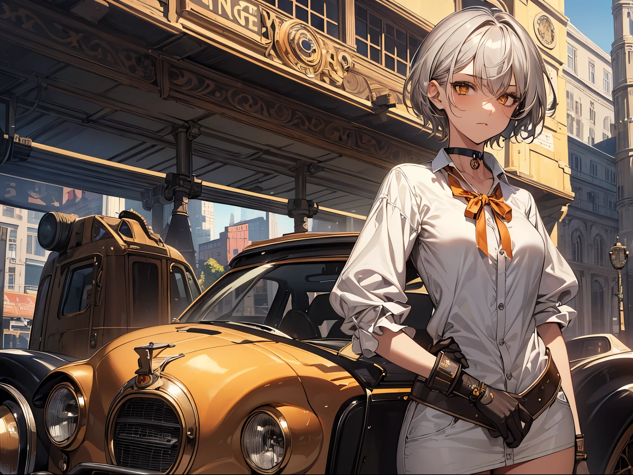 masterpiece, Highest quality, Perfect Face, Highest Resolution, Highest quality,Detailed depiction of the eyes, 1 girl, young, slender body, Short, deep tan skin, slate gray hair, short hair, upturned eyes, Yellow Orange eyes, Perfect Anatomy, steampunk, ribbon choker, Work clothes, vehicle, airship, Perfect Anatomy