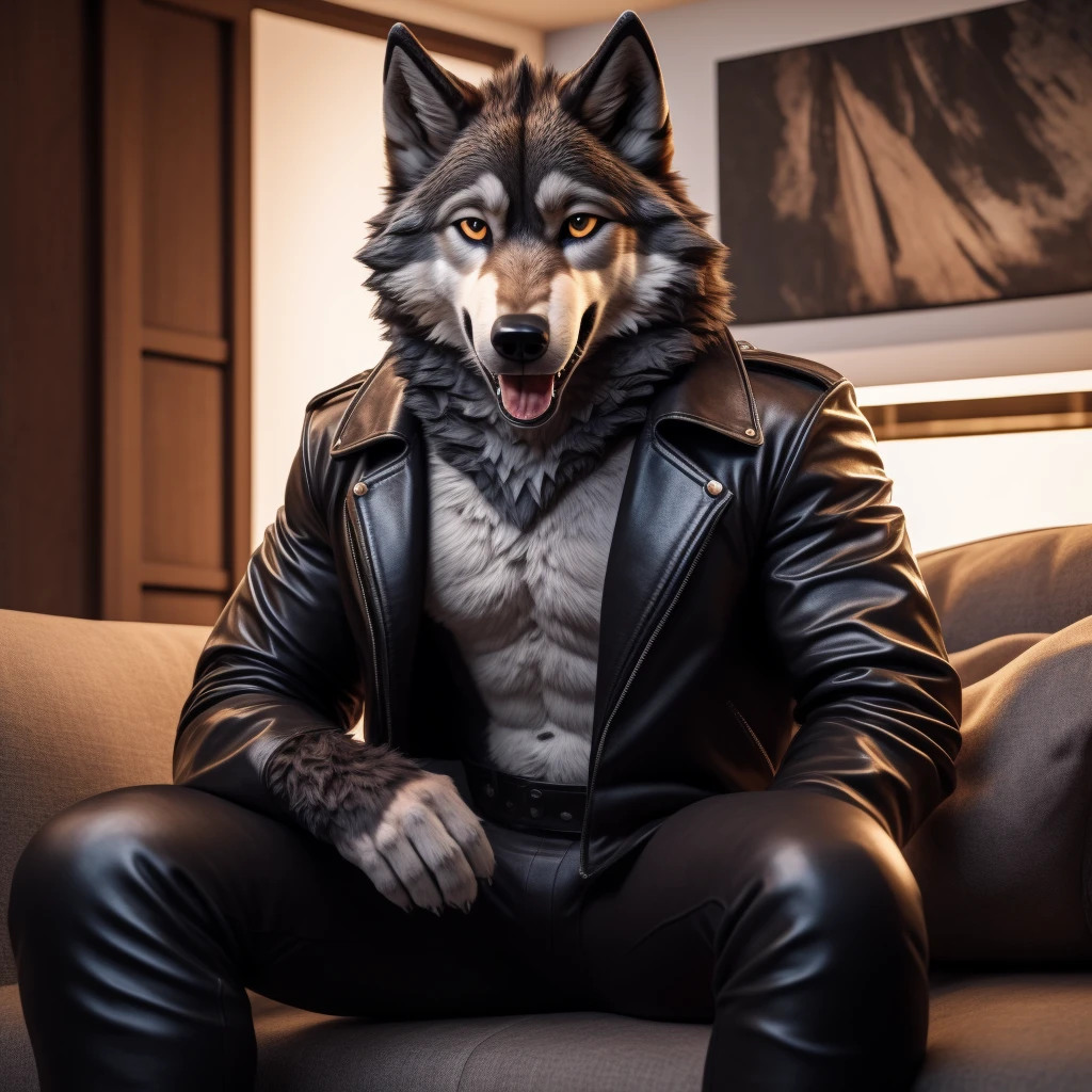 Posing, Male, 30 years old, happy, mouth open with tongue hanging out, black leather jacket, anthro, wolf ears, (black fur:1.5), wolf, log cabit backgroud, 8k, hi res, (best quality, masterpiece), (wolf tail:1.5), detailed fur, sitting on couch