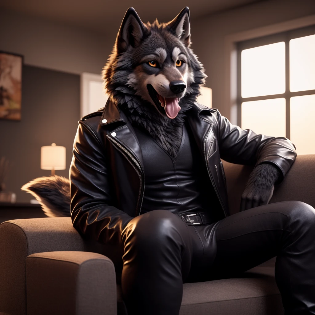 Posing, Male, 30 years old, happy, mouth open with tongue hanging out, black leather jacket, anthro, wolf ears, (black fur:1.5), wolf, log cabit backgroud, 8k, hi res, (best quality, masterpiece), (wolf tail:1.5), detailed fur, sitting on couch