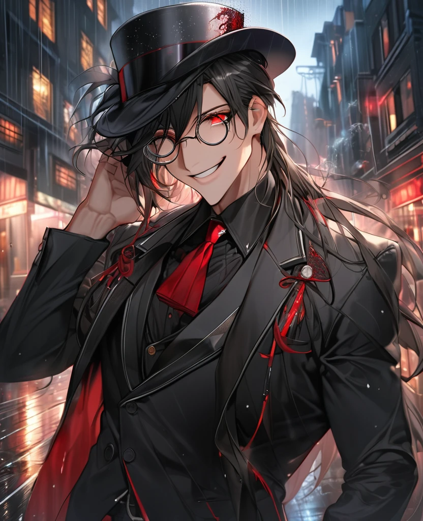 (black_hair), (red_Blood_eyes), (detailed_eyes), (crazy_smile), (attractive), (night_city_background), (raining), (glowing_eyes), (male), (wearing _a_black_suit), (long_male_hair), (detailed_Hair), (detailed), (detailed_mouth), (monocle), wears a black top hat with a red ribbon edged trim,