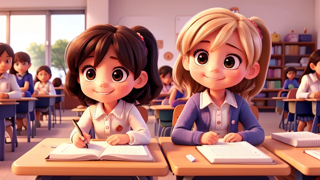 Little girl studying hard in the classroom，Happy faces