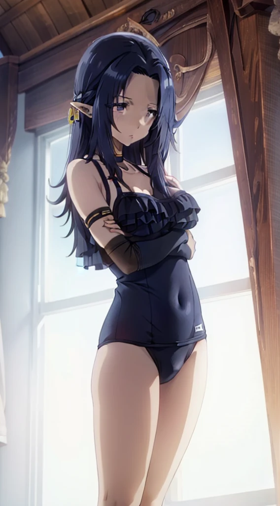 dark blue hair,,long hair,blue eyes,pointy ears,elf,school swimsuit,tied up,clips on breast
