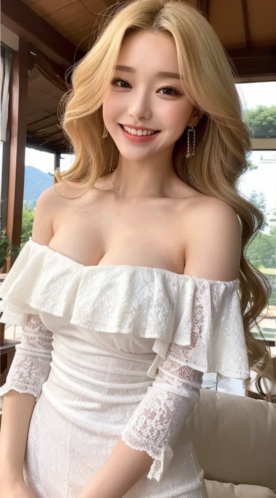 Surreal beautiful woman with blonde wavy hair and a big smile on her face.South Korea.Pure white off-shoulder low-cut dress.role play