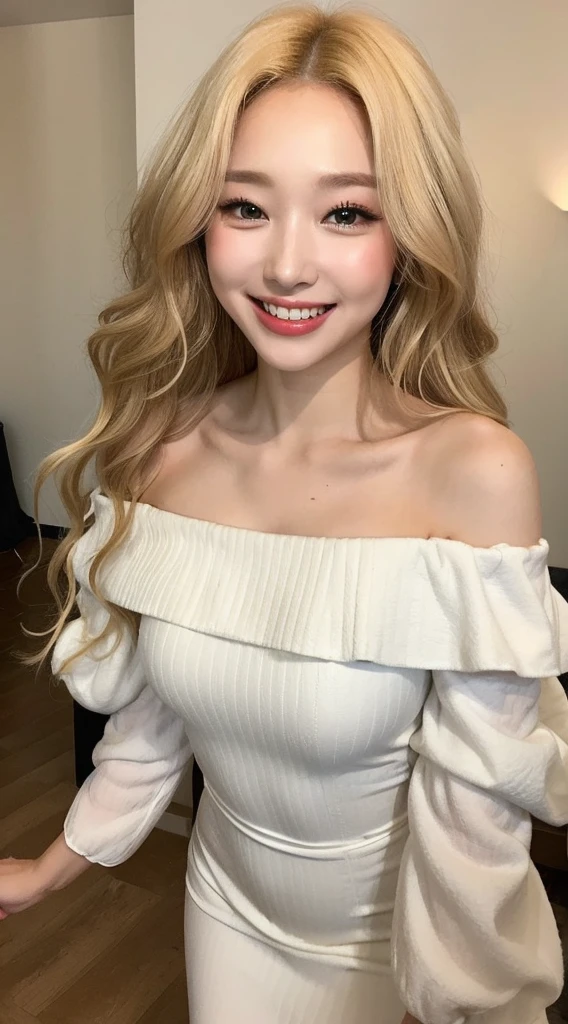 Surreal beautiful woman with blonde wavy hair and a big smile on her face.South Korea.Pure white off-shoulder low-cut dress.role play