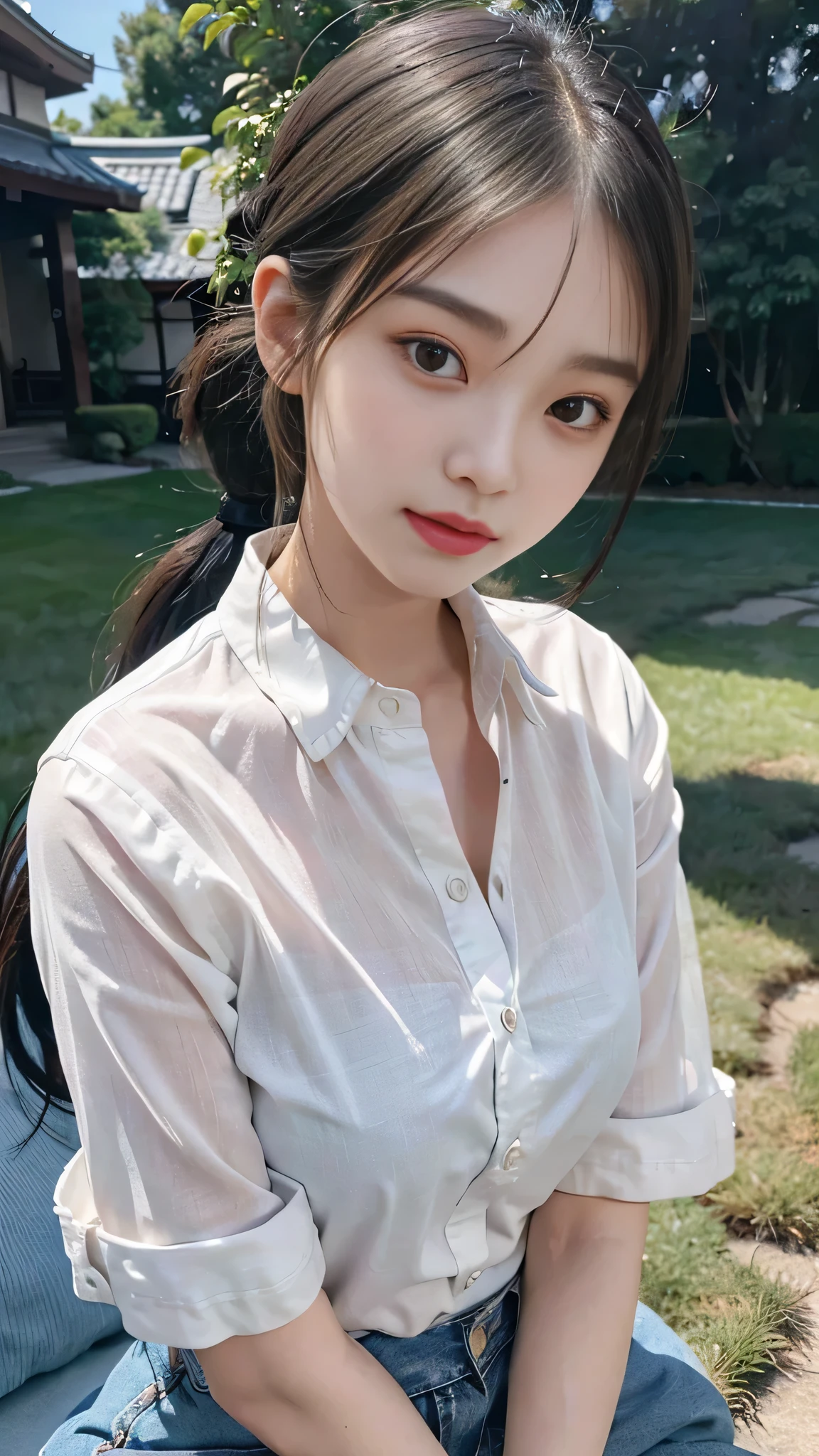 White collared shirt,jeans,Park,On the lawn,Close up face,One woman,masutepiece, The highest image quality, High quality, the background is clear,Beautiful woman, Japanese,Ultra-detailed, finely detail, hight resolution, 8K Wallpaper, Perfect dynamic composition, Beautiful detailed eyes , Detailed, Detailed eyes, Detailed skin, Beautiful skin, 超hight resolution, (reality: 1.4),Very beautiful woman, Slightly younger face, Beautiful skin, slender, (Ultra photo realsisim), (hight resolution), (8K), (Very detailed) (beautifully detailed eyes), (super detailed), (Detailed face), view the viewer, Fine details, Detailed face, Staring straight ahead, Staring straight ahead, photos realistic, Bright lighting, Professional Lighting, Black hair,poneyTail,a baby face,fourteen years old,Hairstyle: ponytail,Long ponytail hairstyle,slight smile,neat and tidy clothing,Beautiful Japanese KPOP idol photo, hair style is ponytail, my eyes are double and wide, baby face, smile and look straight ahead, slender, small breasts,Close up face,