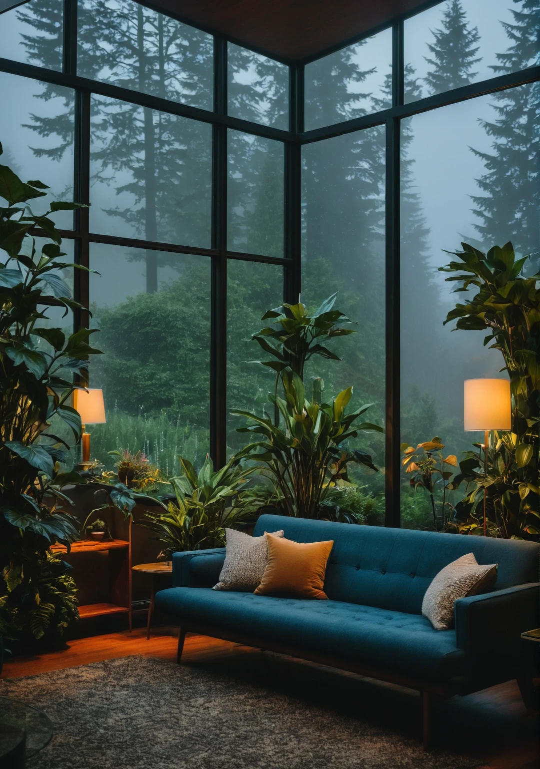 ((mid century modern living room)), dimly lit, (foggy rainy evening:1.2), pacific northwest, (dim lighting:1.2), (moody lighting:1.3), plants, large plants, many plants, (foggy windows:1.2), masterpiece, best quality, twilight hour, blue hour