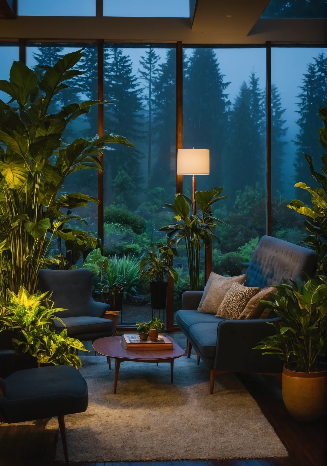 ((mid century modern living room)), dimly lit, (foggy rainy evening:1.2), pacific northwest, (dim lighting:1.2), (moody lighting:1.3), plants, large plants, many plants, (foggy windows:1.2), masterpiece, best quality, twilight hour, blue hour