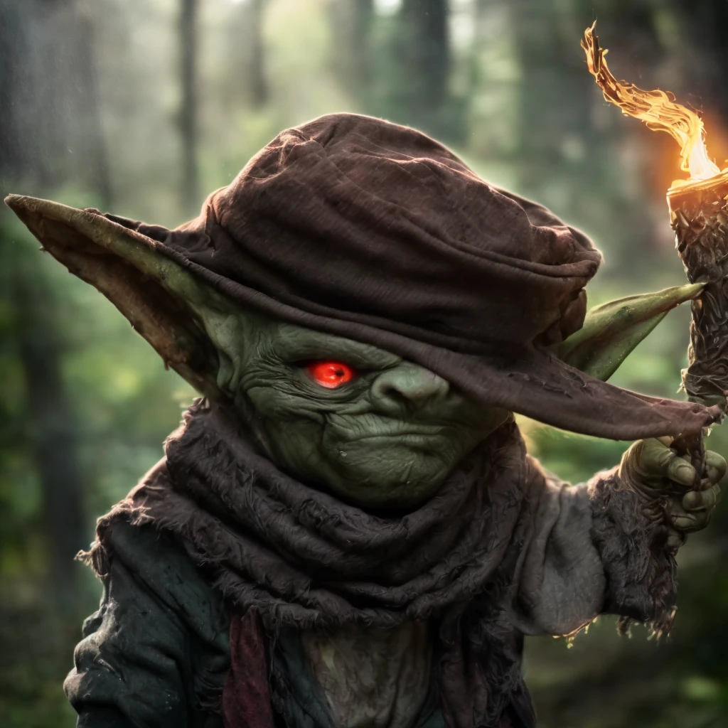 (masterpiece)+, (extremely (realistic)+,a portrait of an extremely ugly green skined goblin male bard , red eyes, green skin, dirty, Holding a torch in one hand and ventriloquist dummy in other, Wearing scarf over the face, wearing ragged and dirty hat and rags, Agitated stare. Looking in camera. volumetrics dtx, Photorealistic, ultra detailed, Artstation trending, very very detailed, realistic shaded lighting, dynamic shadows, detailed Forest background, upper body, professional photograph of a detailed skin, sharp focus, dramatic, award winning, cinematic lighting, octane render, unreal engine, volumetrics dtx, Photorealistic, ultra detailed, Artstation trending, very very detailed, hyperrealistic, fine details, realistic shaded lighting, dynamic shadows, Forest background, add_detail:1, skin pores and wrinkles, details.,More Reasonable Details