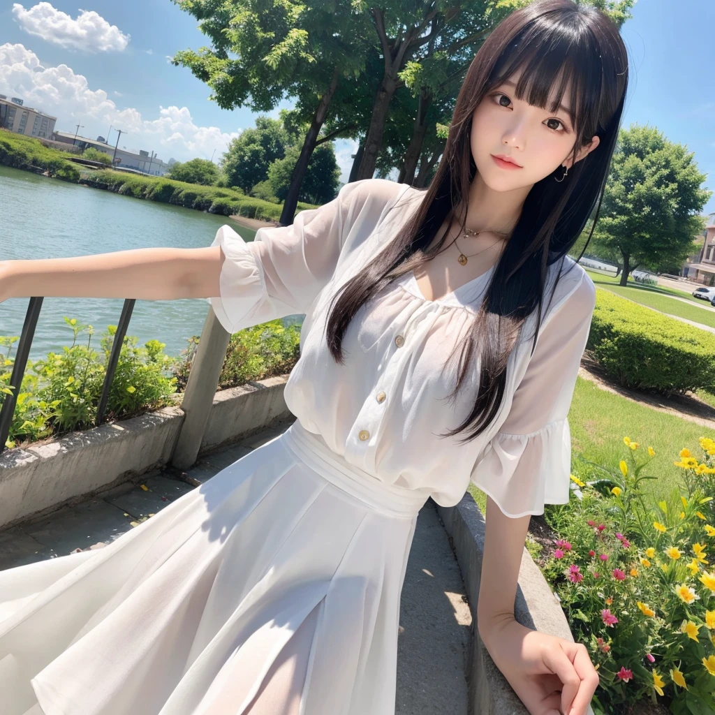 woman White clothes With bangs long hair Black hair selfie Summer clothes