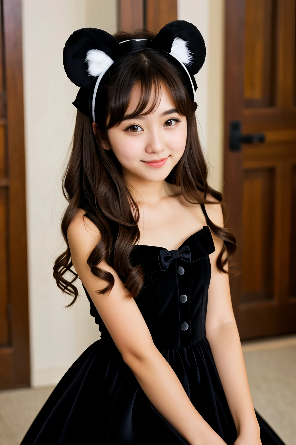 anime girl princess with bear ears brown hair with black very tender black dress