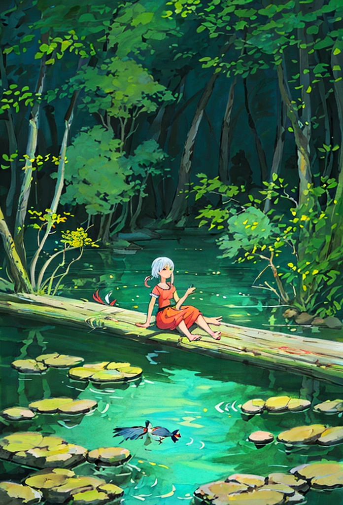 Illustration of a girl sitting in a pond surrounded by koi carp, fireflies and a heron