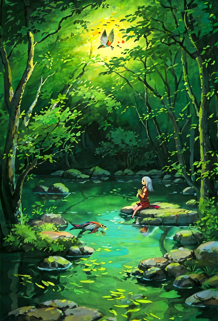 Illustration of a girl sitting in a pond surrounded by koi carp, fireflies and a heron