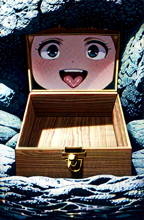 A treasure chest, at the bottom of a cave, has teeth and a tongue sticking out from the edges, Masterpiece, The best quality, high detail