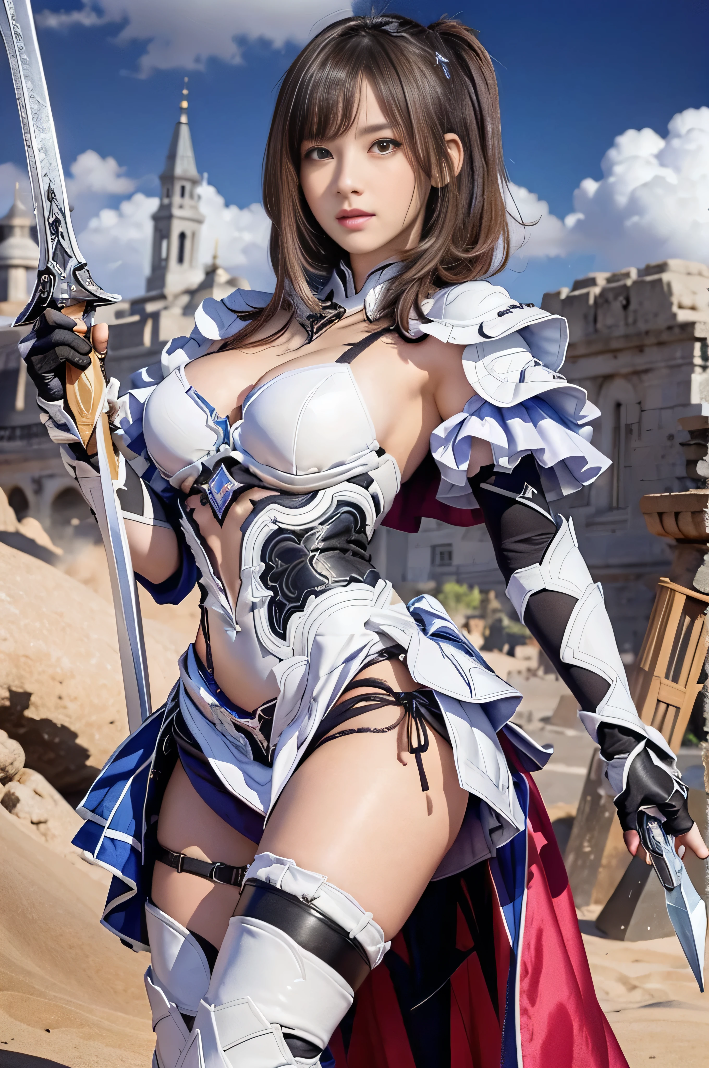 high resolution、Great quality、High resolution、4K、Fantasy girl with light brown hair、, The chest is a huge chest、Side boo boo, Exposed lower abdomen, Thin pubic hair, Slender figure, There are lots of folded decorations、Pantyhose that are slightly see-through、Medieval RPG-style outfit with exposed skin、(Close-up portrait of a person holding a large sword:1.4),  high quality character design, Great character design, Female Knight, Interesting character design, RPG Characters,, Female protagonist 👀 :8, Armor Girl, Full body character design，Full body shot in gravure pose、Exposing the breasts、Erotic、Biologically correct,