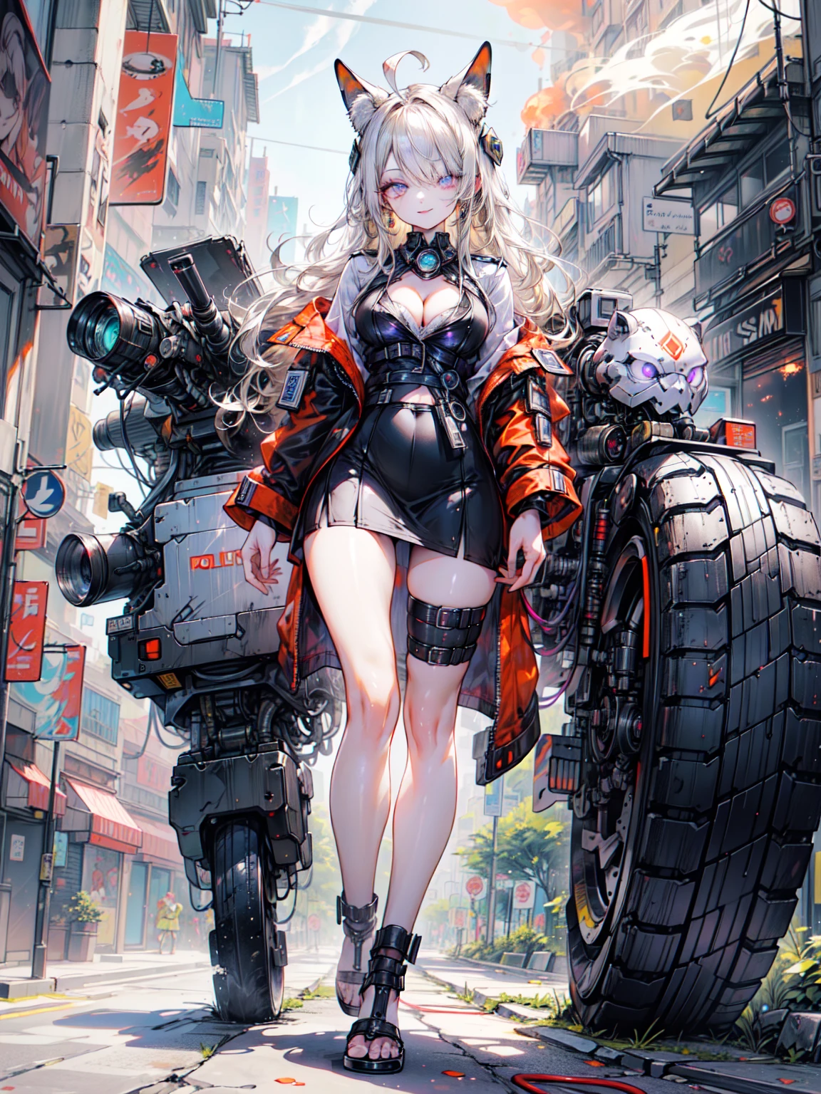 super high quality、8K quality、High resolution、Image quality captured with a single-lens reflex camera、(SFW)、Perfect Anatomy、(crimson theme）Police Mecha Girl、Beautiful girl of 20 years old with medium blonde hair.Orange eyes、(Good shape、Normal chest、Cleavage)、3D realistic black machine parts、（Exposed thighs、skirt:1.2）(Rear mechanical unit)、break(Wear formal clothes、Female police officer:1.2)(Mechanical parts below the elbow and knee:1.3)break、（Perfect Anatomy:1.4）break(Incident occurs)(City where the fire occurred:1.5)、Machine Armor、break、(Dark Elf), (1 Girl), alone, Perfect Face, Get used to it, Ahoge, ((Long Hair:1.2)), (Hair above one eye:1.3), [[Messy Hair]], Shiny blonde white hair, Purple eyes, Variegated eyes, Colorful Hair, Shining Eyes, (eyelash, eye shadow, pink eye shadow), bright, smile, Design Art：Haruhiko Mikimoto, by Kawashi, By Yoshitaka Amano, Dark Skin