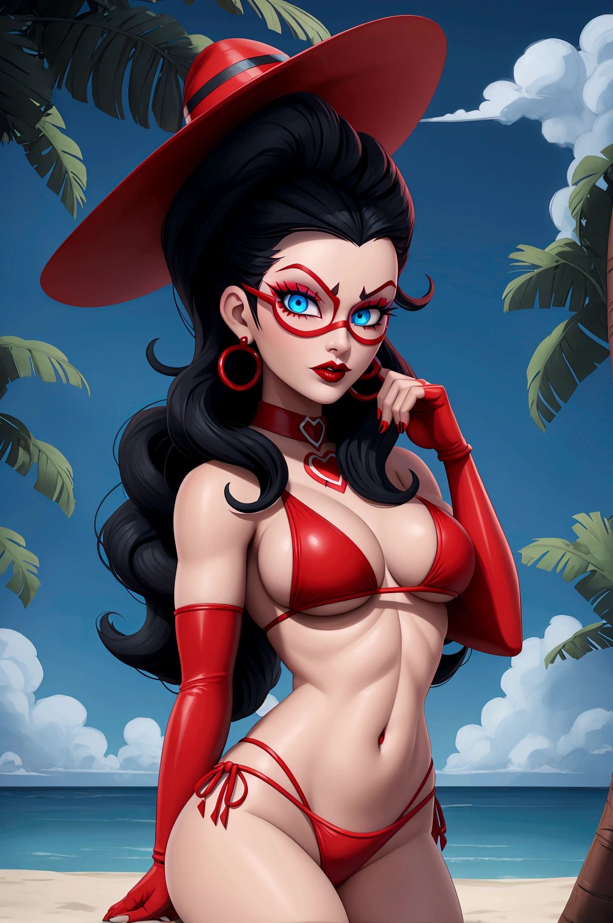 Madame Rouge with her design from the  Titans series (A-line black hair, narrow face, blue eyes and red lipstick) wearing a red bikini, sunglasses and a beach hat