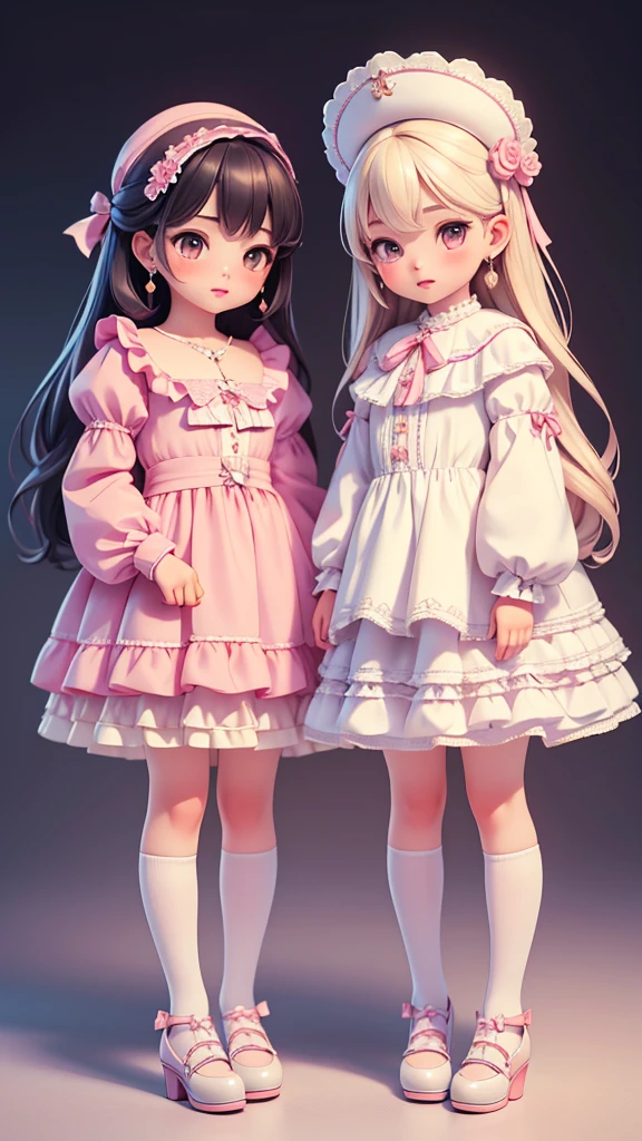 ((yuri, 2 girls)), (kawaii cute face), (petite bishojo), (puffy eyes), (masterpiece), (top quality), (hyper detailed), (super detailed skin), (8k), (crisp), (depth), (exquisite), (beautiful and aesthetic), (high standard), (high resolution), (perfect anatomy), (realistic), (full body), (nose blush), (earring), (lipstick), (classical lolita)