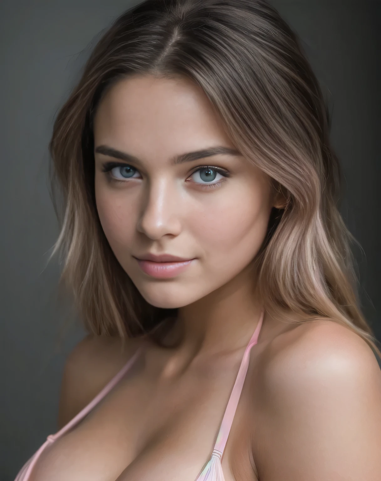 stunning portrait, (( 18 years old beautiful woman)), ((pink bikini)), (busty), ((supermodel face)) expressive facial features. She's looking straight at the camera. She should have long brunette hair , ((dark blue eyes)), a captivating look and an alluring facial expression that allows a woman to be the center of the image. Please pay close attention to details such as highlights and shadows on her face and hair to create a realistic image. Looking directly into the camera, the final product should be a masterpiece that conveys the essence and beauty of a woman, ((highly detailed skin, skin details)), clear focus, volumetric fog, 8k UHD, SLR camera, high quality, film grain, Fujifilm XT3, (full body shot)