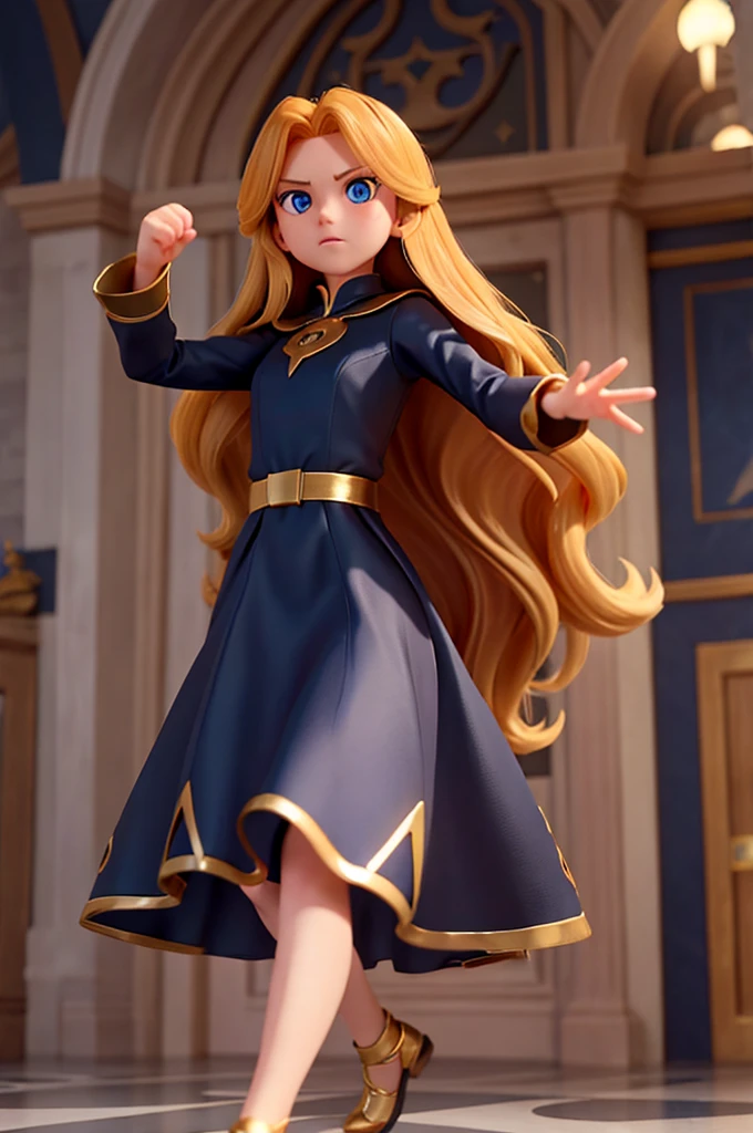 A  with long golden hair and sparkling blue eyes is fighting against a dark wizard in a black dress