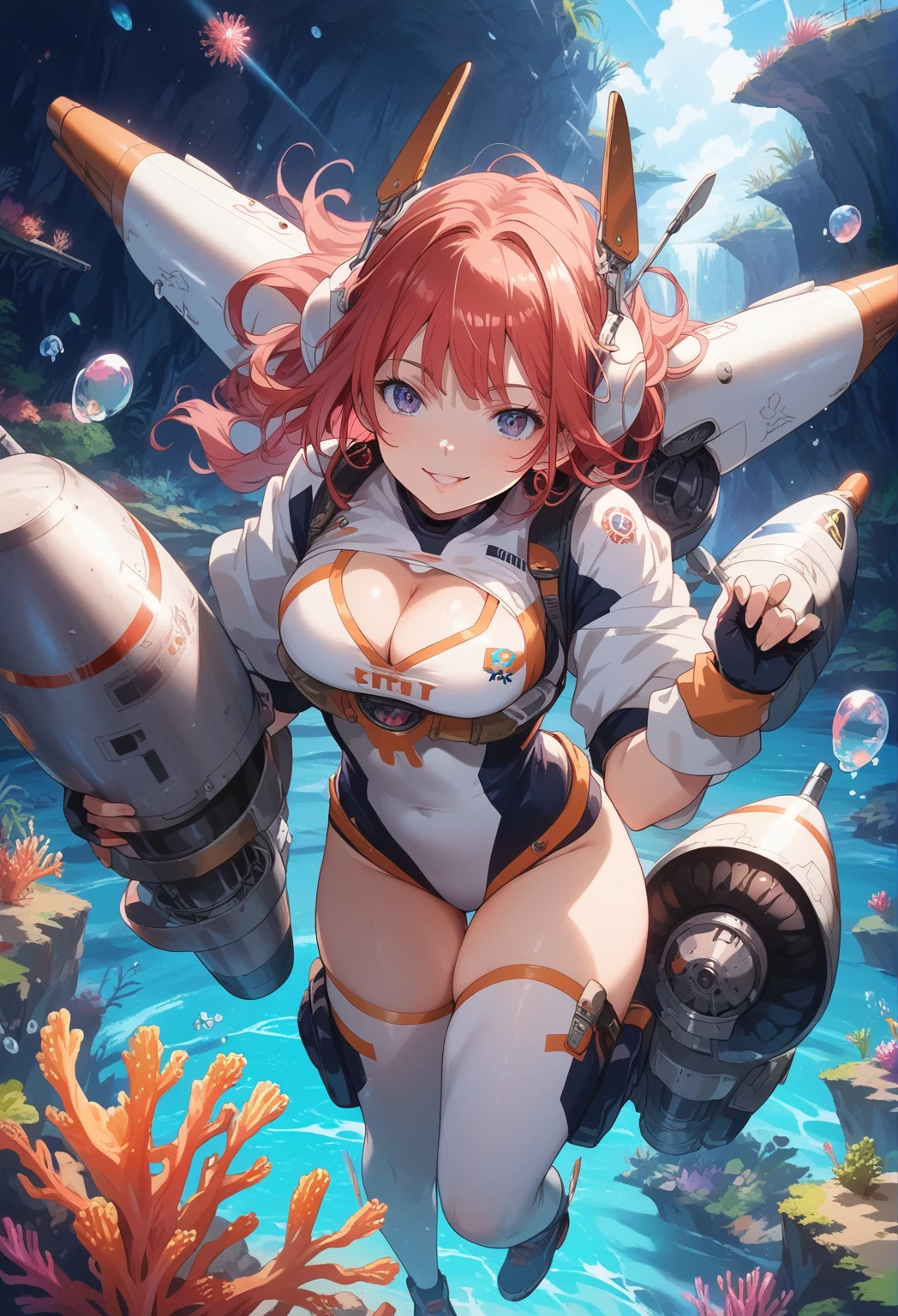 score_9, score_8_up, score_7_up, source_anime, masterpiece, best quality, high resolution, extremely detailed CG, absurdres, highres, 1girl, solo, a girl in mech suit moving fast with rocket boosters under the sea,headgear,Thighs, cleavage, jets, torpedo, arounded by bubbles, coral, red_hair, drkmdatmsftpicture