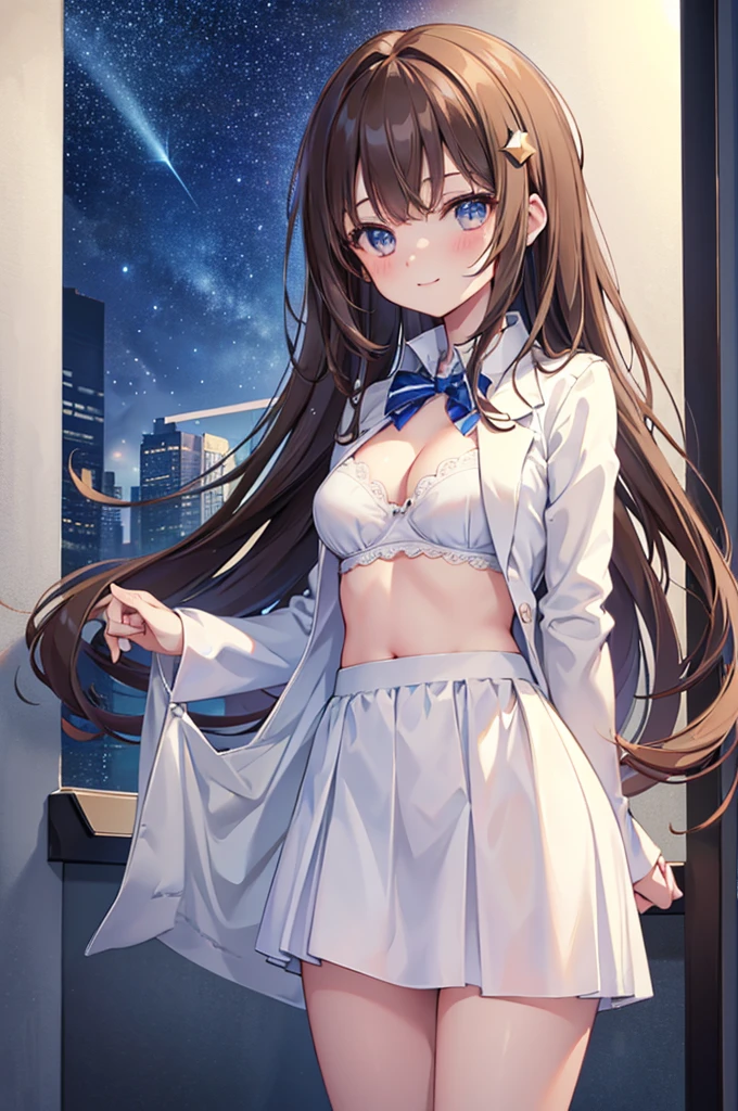 masterpiece,best quality,{{an extremely delicate and beautiful, best quality, masterpiece, extremely detailed CG, {{high quality}},perfect face, {{{space}}}, starry sky,{star},1girl,ray tracing,extremly detailed CG unity 8k wallpaper,dynamic angle,brown hair, long,hair,{{labcoat}},{{oppai }},{{{cleavage}}},{loli{{white bra}}}},white panties,panties aside,medium breast,light_blush, flying, smiling, star hair ornament,upper body,,