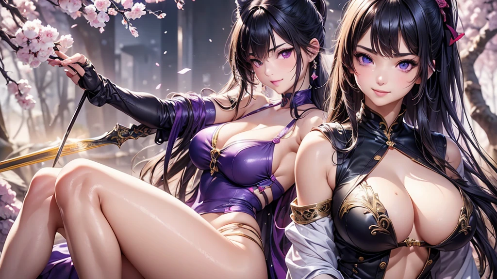 (masterpiece:1.3), (8K、Realistic, RAW Photos, Highest quality:1.4), (1 Girl), (alone), (とても美しくCharmな女性, Midnight purple hair color,Long Ponytail,Swordsman,Long Straight, Strong eye highlights), (cute, a bit:1.5), (Very beautiful face:1.5), (A beautiful face with perfect symmetry:1.2), (cute face:1.5), (nice smile:1.2), (Perfect Anatomy), (Skin with attention to detail: 1.2), (Intense purple eyes), Lip gloss, (Accurate Arm, Five Fingers, Accurate legs), (Miko costume,ribbon), Charm, Ultra-high resolution, Ultra-realistic, Very detailed, Golden Ratio, Photorealistic Anime Girl Rendering, ((Beautiful smile)), Exposed shoulders, Dynamic pose,under the cherry tree,Japanese style,Large Breasts, Cleavage, ,Gripping the hilt of the sword