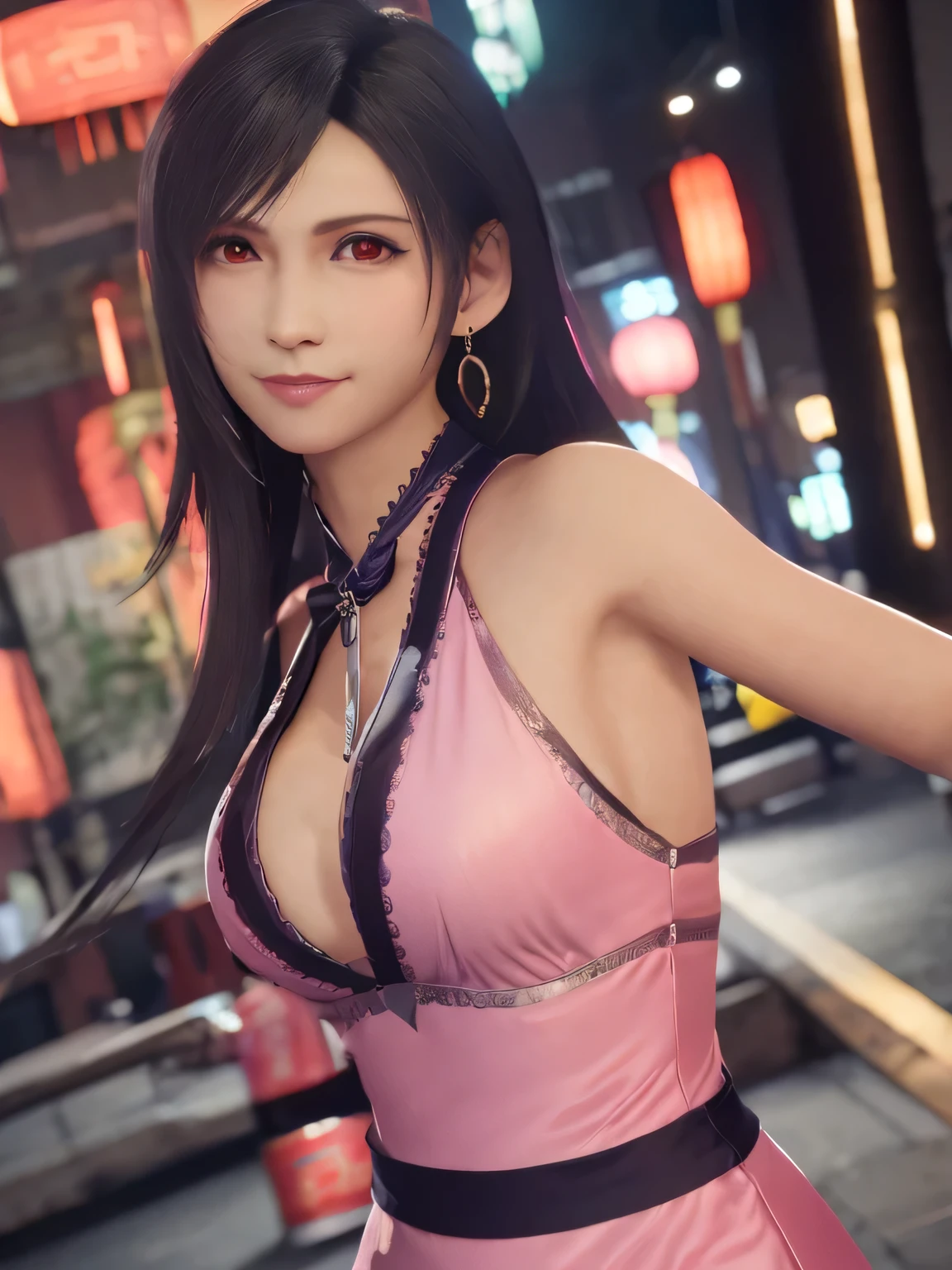 FF7R Style,Tifa Lockhart,red_eye,Black Hair,Long Hair,Earrings, jewelry,((woman)),(20-year-old:1.3),(Japanese,Cool Beauty:1.2),(Photo Real,Perfect Anatomy:1.3),(Super detailed, masterpiece:1.2), Highest quality,RAW Photos, Exquisite, beautiful ,((Cowboy Shot)),Sharp focus, Depth of written boundary ,Blur the background, Bokeh ,Professional Lighting,Detailed face,Random Color,(China dress:1.4),slit,Random Pause,Half-laugh,((Hair fluttering in the strong wind)),Black Hair,((alley)),Magical Effects