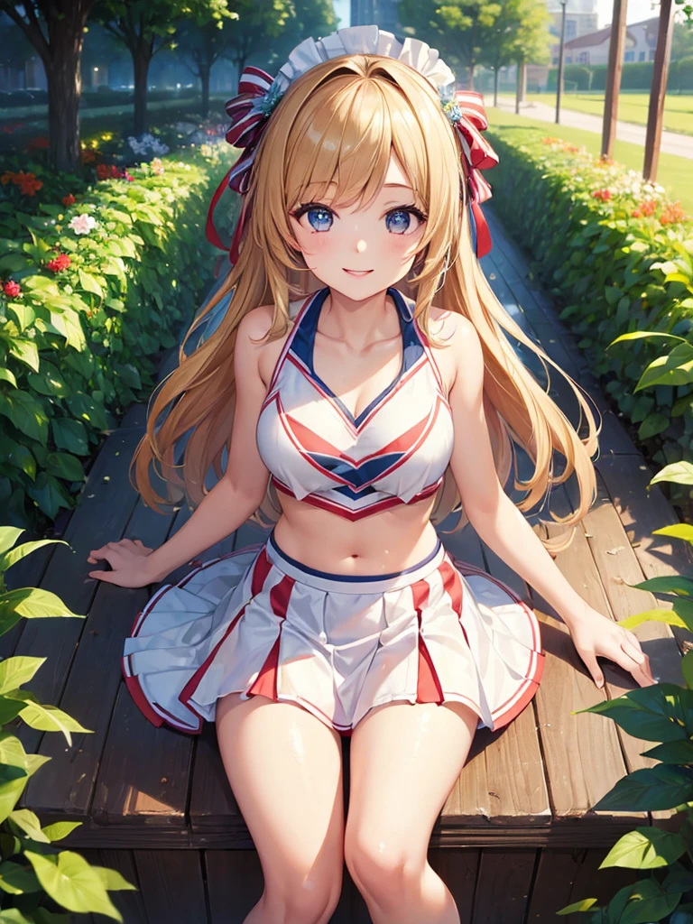 (masterpiece:1.5),(Beat quality),(high res),1girl solo,beautiful face,smile(shining eyes),light effects,Cheerleader,garden