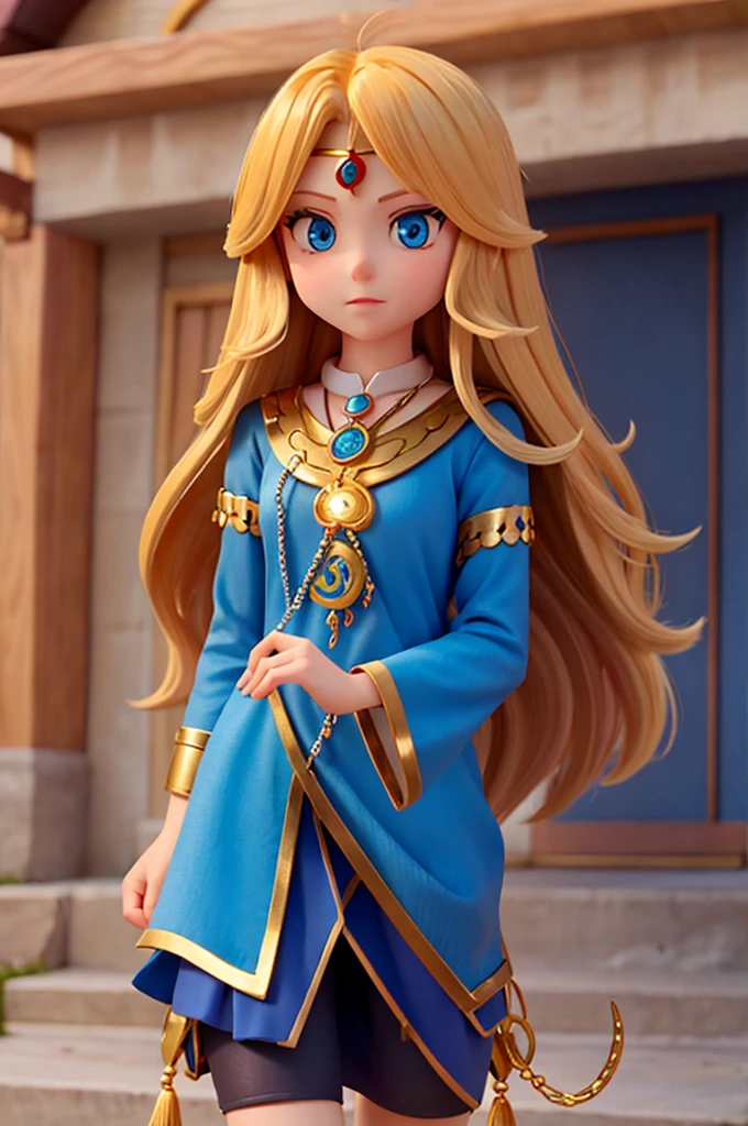 A with long golden hair and sparkling blue eyes is holding an amulet in her hand