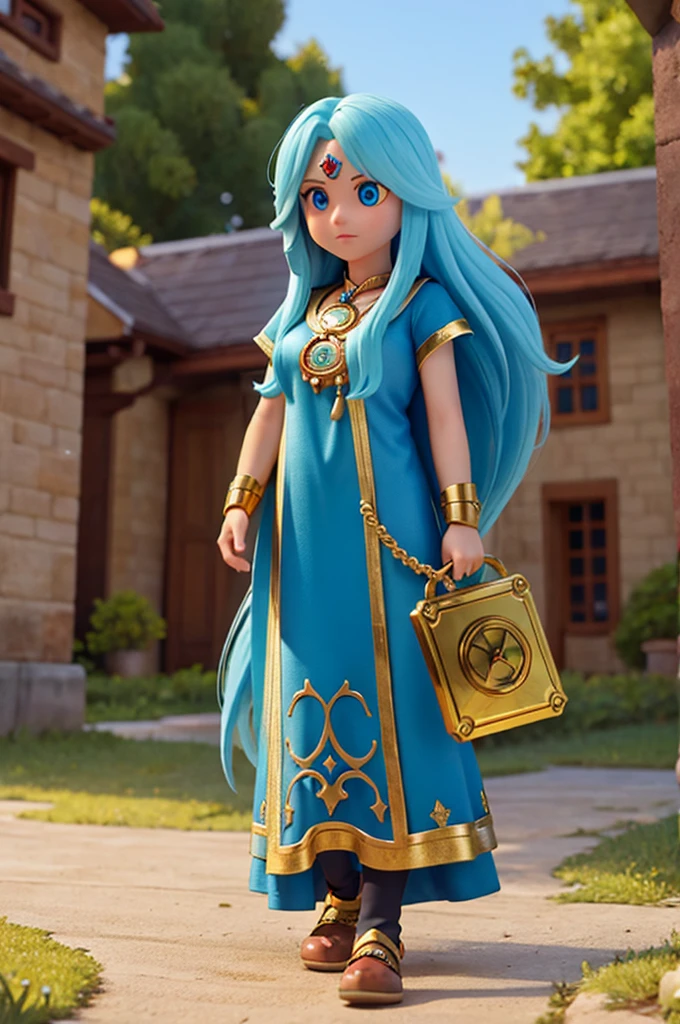 A with long golden hair and sparkling blue eyes is holding an amulet in her hand