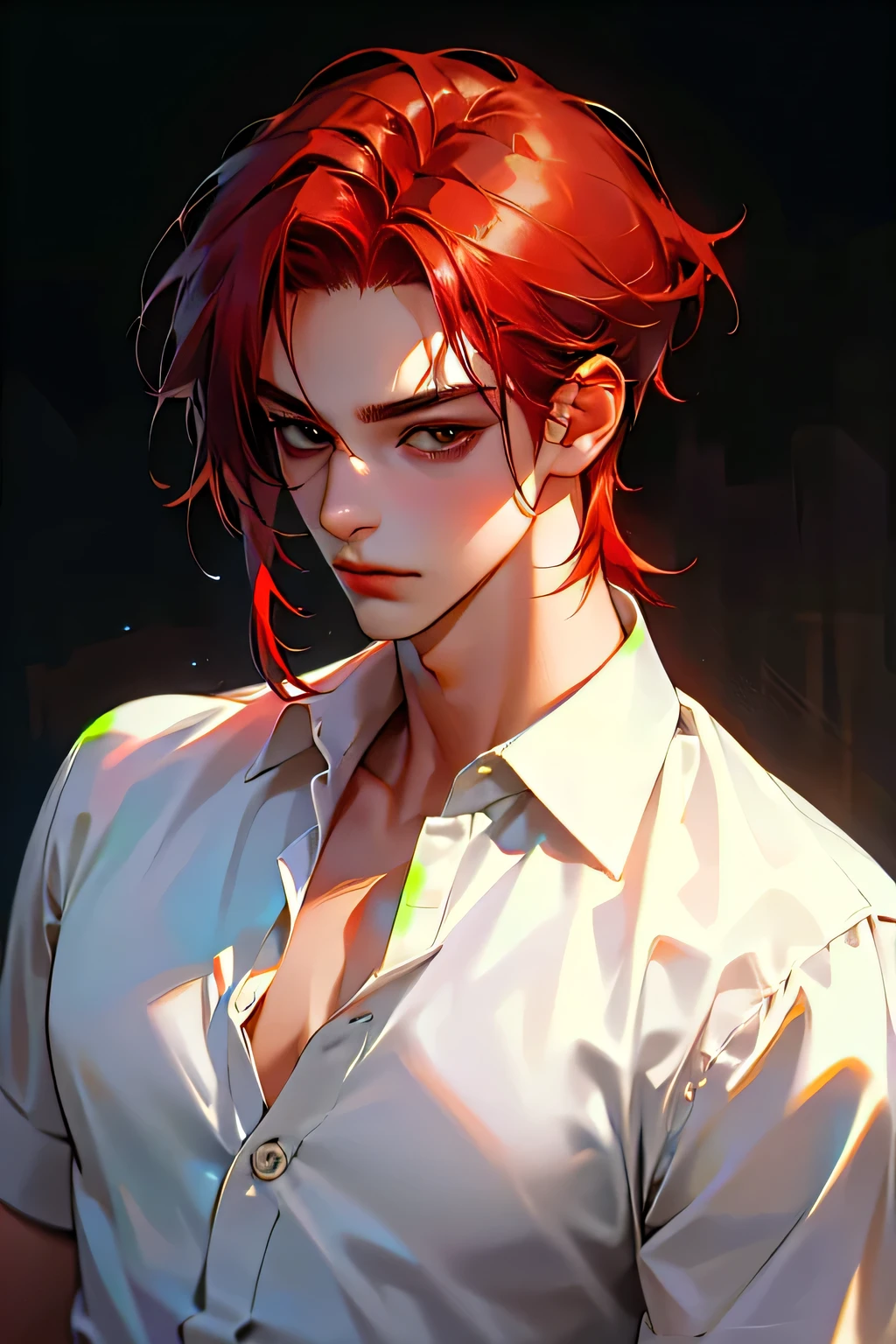 (absurdres, highres, ultra detailed, HDR), masterpiece, best quality, 1boy, solo, handsome, (((red hair))), finely eye and detailed face, forehead, ((loose white shirt)), look at viewer, ear piecing, красивые глаза, шедевр, хорошее качество, надменная улыбка, (((рыжие волосы)), ((рубашка)), синие темные глаза