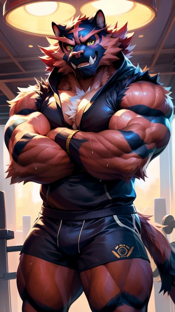 solo, anthropo, furry, furry male, incineroar Pokémon, ((fluffy, fluffy fur, furry body)), (large body), tail, detailed fluffy fur, wearing a black hoodie, detailed face, highly detailed eyes, shorts dark blue, gold embellishments, gold details, crest, detailed clothing, detailed torso, shorts, black muzzle, full body, muscular, detailed prominent veins, body sweat, in a gym, (by null-ghost, by racoon21, masterpiece , high quality, high resolution, 8k had), arms crossed, close-up portrait, looking at viewer, indoor, lights, happy expression, smile