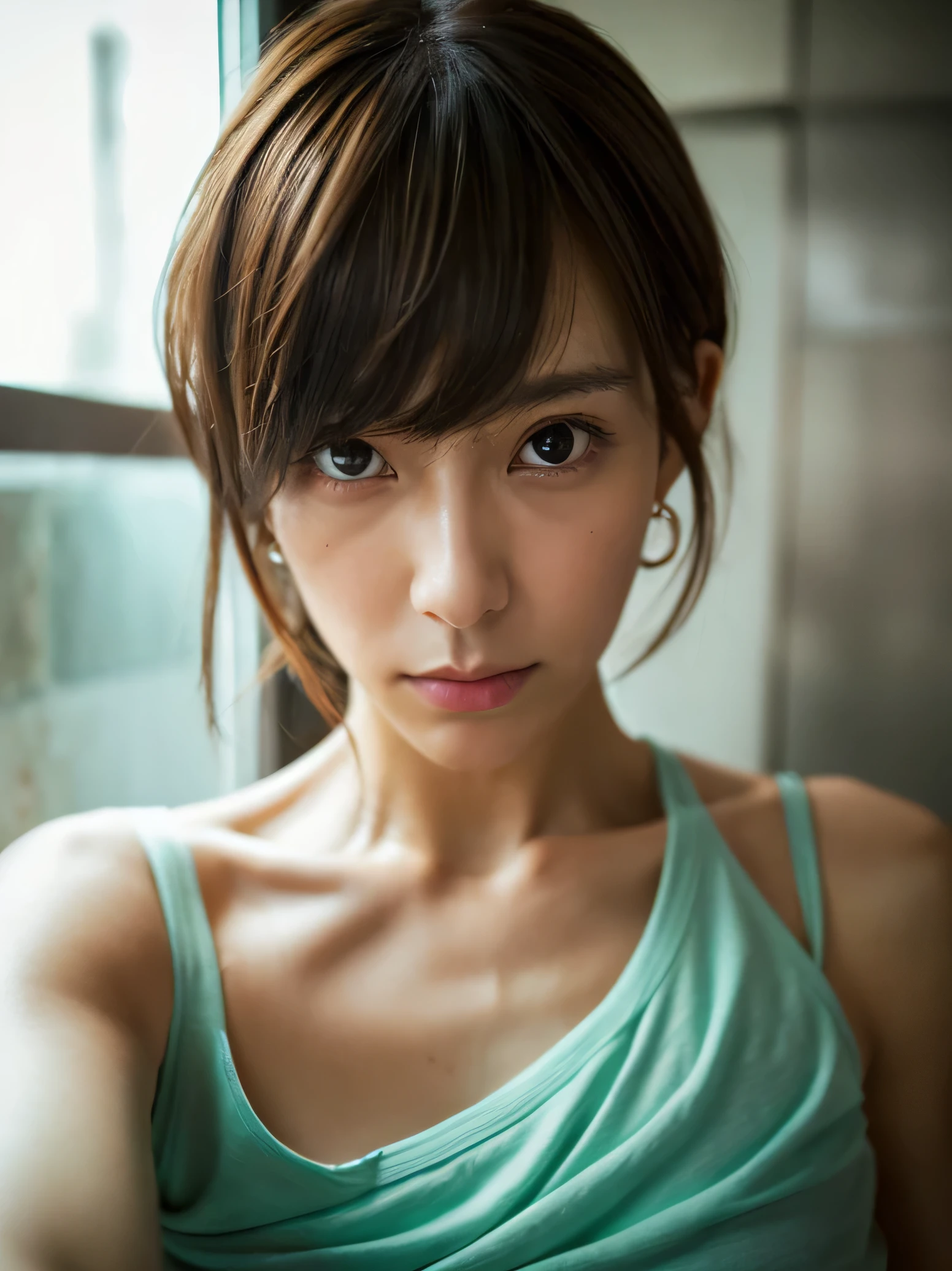 Look into the eyes, Eye contact, Front of face, face, Cross-legged, indoor, Brown Hair, bangs, Tank top, Sweat, clavicle, shoulder, Cross-legged, chest, Earrings, Skin Moisture, The gaze looking down on me, Look at me, bathroom