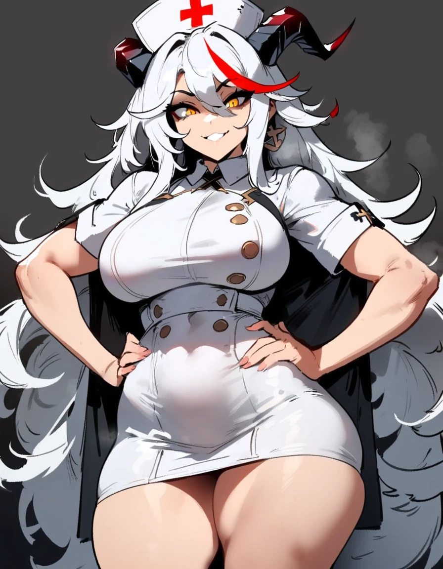 1girl, aegir \(azur lane\), azur lane \\\\\ masterpiece, best quality, very aesthetic, absurdres, newest \\\\\\ sportive body,  \\\\\\ by nyantcha,,by cutesexyrobutts,by khyle ///// white hair with a single prominent red streak, black horns, yellow eyes,  , white (nurse outfit:1.2), skirt, , white pencil skirt, nurse cap, , , a red cross on the cap, standing, (white background:1.2),  rating general, horny smile, hands on hips