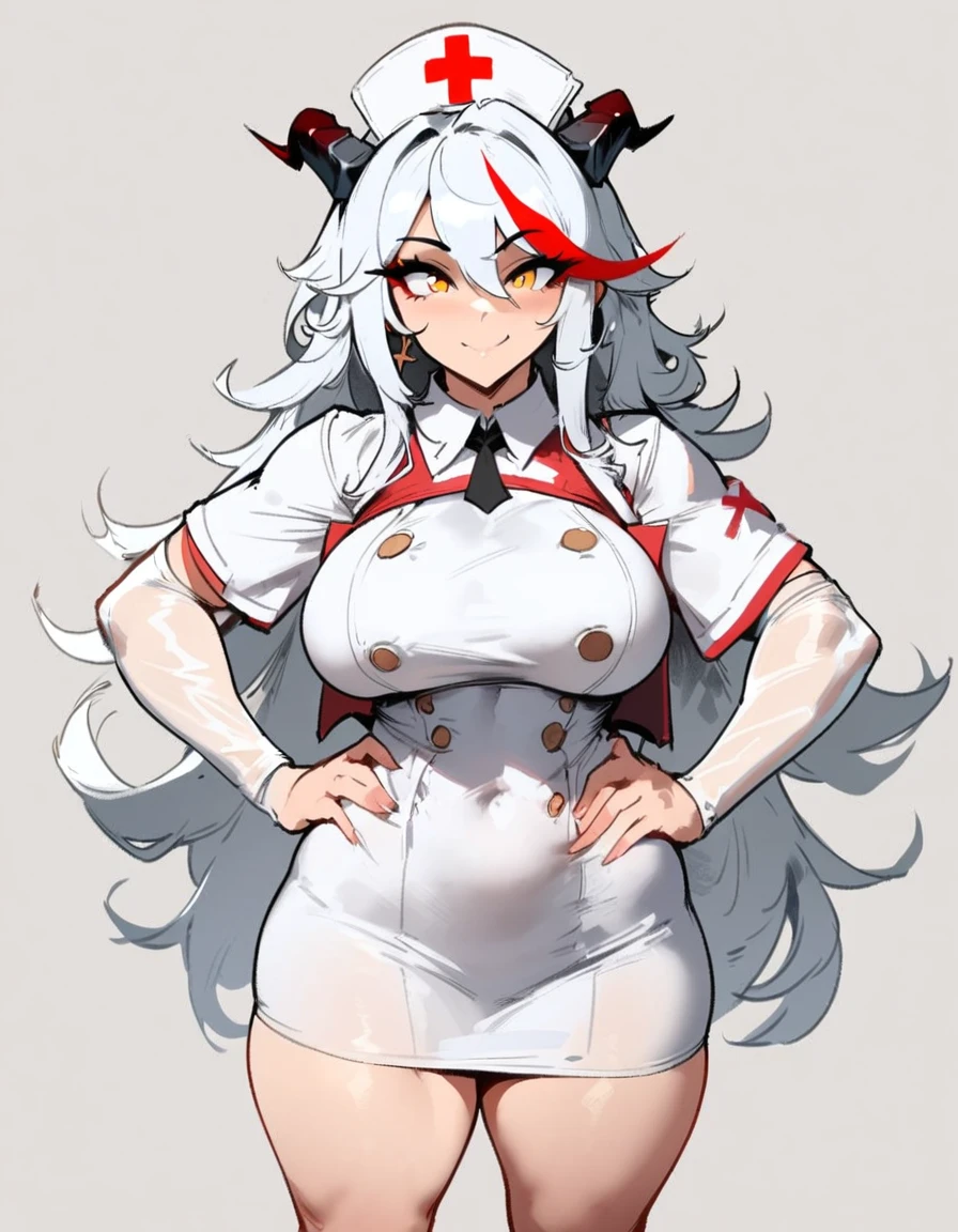 1girl, aegir \(azur lane\), azur lane \\\\\ masterpiece, best quality, very aesthetic, absurdres, newest \\\\\\ sportive body, \\\\\\ by nyantcha,,by cutesexyrobutts,by khyle ///// white hair with a single prominent red streak, black horns, yellow eyes, , white (nurse outfit:1.2), skirt, , white pencil skirt, nurse cap, , , a red cross on the cap, standing, (white background:1.2), rating general, horny smile, hands on hips