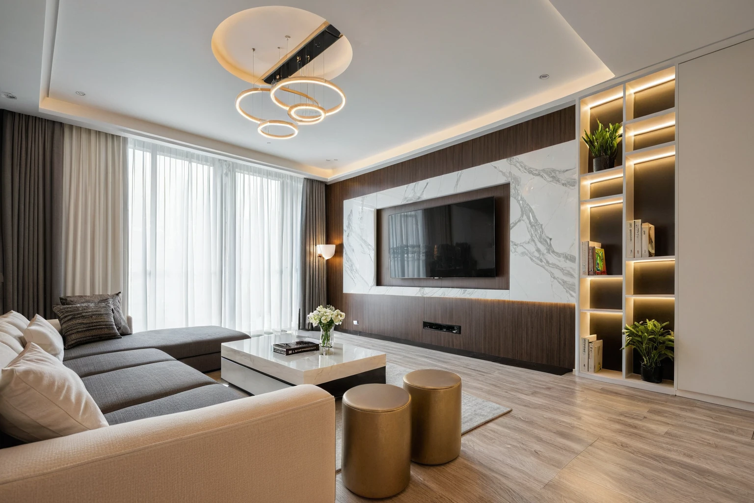 Masterpiece, HD, interior design, TV wall behind the TV, TV wall,French cream style, living room space, sofa, coffee table, green plants, floor-to-ceiling windows, curtains
