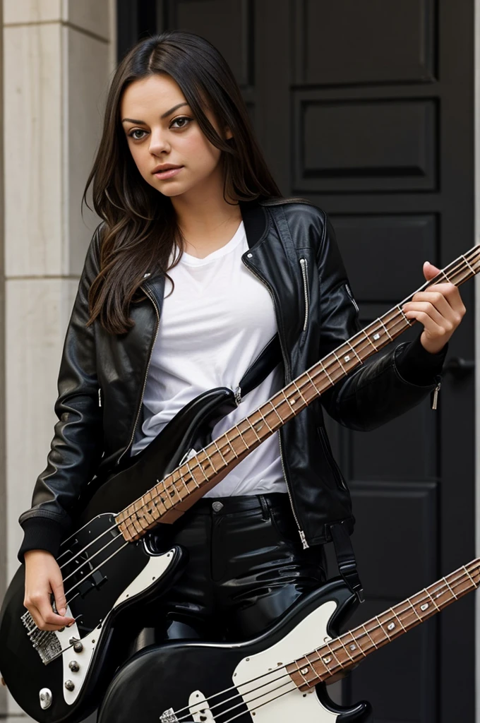 Beautiful brunette girl identical to Mila Kunis with a white t-shirt and black jacket and black pants and playing the bass