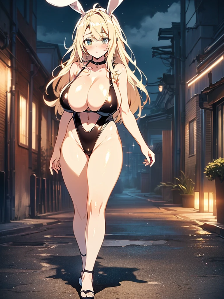 cute bunny girl,(((1girl))),((anime bunny girl with extremely cute and beautiful blonde hair walking seductively down the street)),(((bunny girl,anthro furry cute,bunny-girl))),(((bunny ears,bunny ears on head,big bunny ears))),
(large breasts:1.4),saggy breasts,(((blonde hair:1.35,colored inner hair,ear breathing,long hair))),((heterochromia,eye1 green eye2 orange,perfect eyes,upturned eyes:1.3,beautiful detailed eyes,finely detailed beautiful eyes:1,big highlight on eyes:1.2,slanted eyes)),((fat)),(((lustrous skin:1.5,bright skin: 1.5,skin tanned,shiny skin,very shiny skin,shiny body,plastic glitter skin,exaggerated shiny skin))),(spider lower abdomen,narrow waist,wide hip,athletic body,inflated legs,delicate detailed fingers,detailed body,detailed arms,human hands,(detailed face)),
cute,slutty,seductive,erotic,(((nsfw))),
(((slingshot swimsuit))),(((huge cleavage))),(detailed outfit,detailed clothes),
(dynamic pose:1.0),solo focus,embarrassed,centered,scale to fit dimensions,Rule of thirds,
outdoors,((night view)),(cyberpunk night street Background: 1.5,dark sky,alleyway, alley,thick clouds,detailed background:1.25),
(best quality),(high resolution),(sharp focus),(ultra detailed),(extremely detailed),(extremely high quality artwork),8k_wallpaper,(extremely detailed CG 8k),(very fine 8K CG),((hyper super ultra detailed perfect piece)),flawless,(((masterpiece))),illustration,vibrant colors,(intricate),High contrast,Selective lighting,Double exposure,HDR (High Dynamic Range),Post-processing,Background blur,