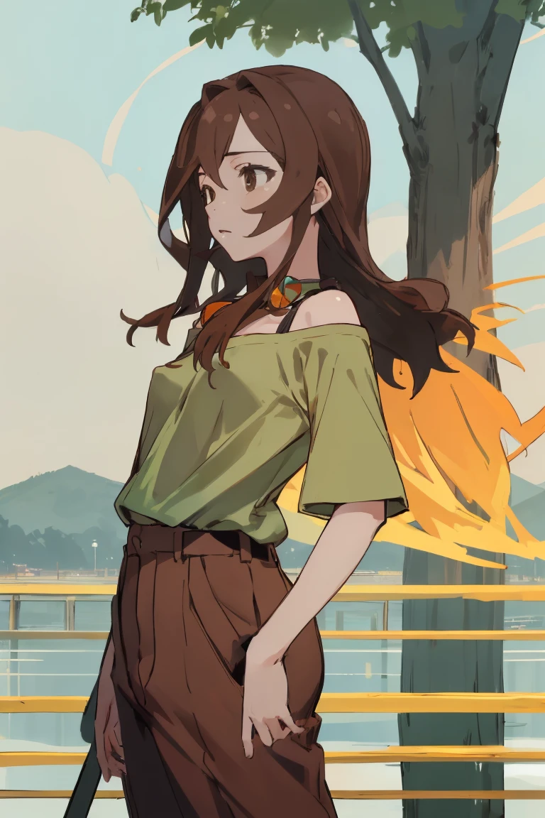 Lake Izu,((Highest quality)), ((masterpiece)), (be familiar with), One female,(Small breasts),Long Hair, Brown Hair,Facing forward, Brown eyes,Light green shirt,Exposing shoulders,Erect nipples,brown pants